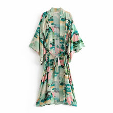 Load image into Gallery viewer, Boho Vintage green Crane Floral Print Sashes Women bohemian V Neck batwing Sleeves robe Kimono bikini cover-ups